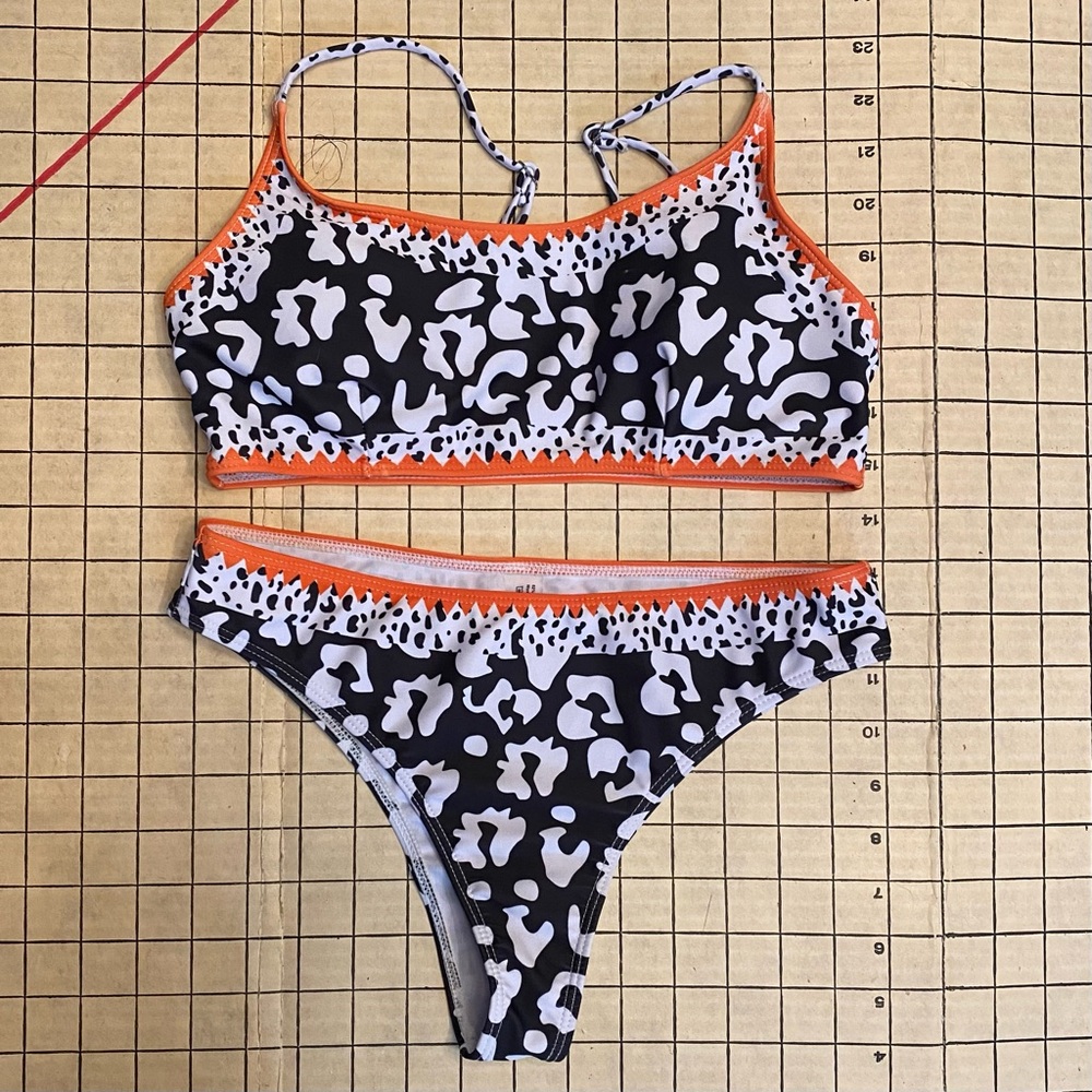 Bikini, size small, orange, black and white, 2 piece swimsuit